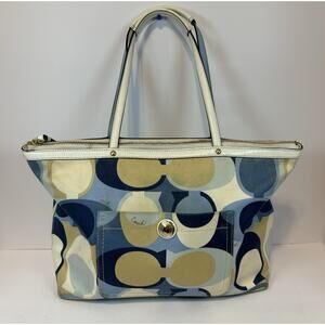Coach Handbag Purse Bag 11736 Scarf Collection Tote Optic Blue Tan White Leather